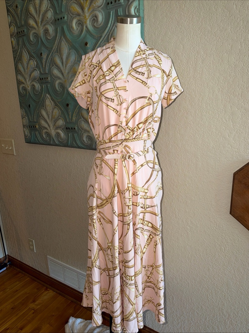 Lauren Ralph Lauren Dress Womens 2 Pink Equestrian Belt Print Midi Crepe Belted - Picture 2 of 11